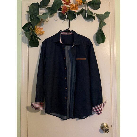 Coofandy Other - COOFANDY Men's Button-Down Long Sleeve Solid Dress Shirts Blue/Plaid Trim Size L